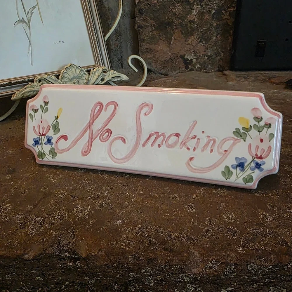 Vintage 1987 No Smoking Ceramic Sign Floral Pink White Cottagecore Plaque 9 Inch